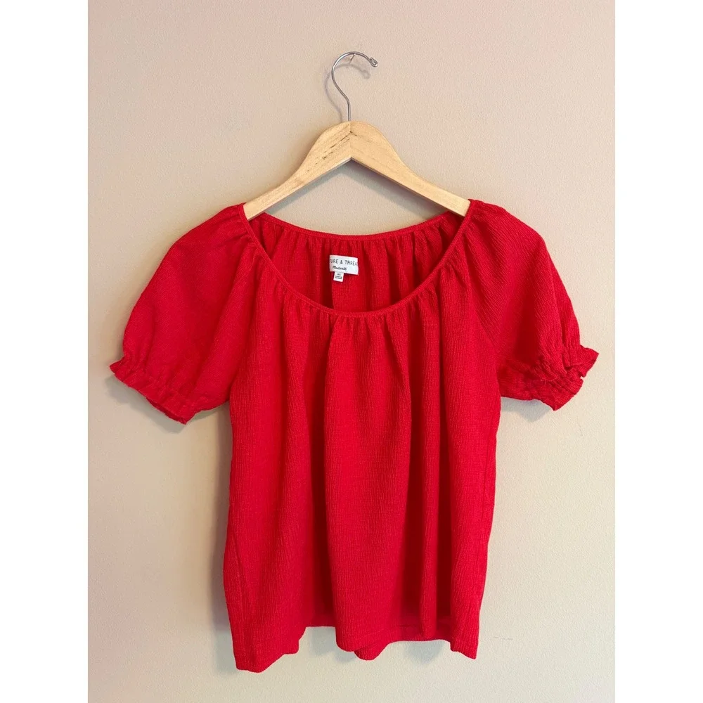 Madewell Red Puff Sleeve Ruffle Cuff Scoop Neck Top XS